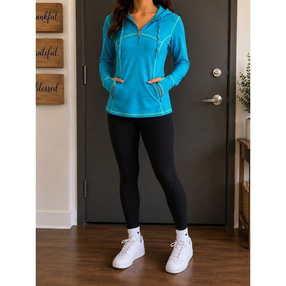 Kirkland Signature Womens Turquoise Blue 1/4 Zip Active Hoodie Thumbholes Medium